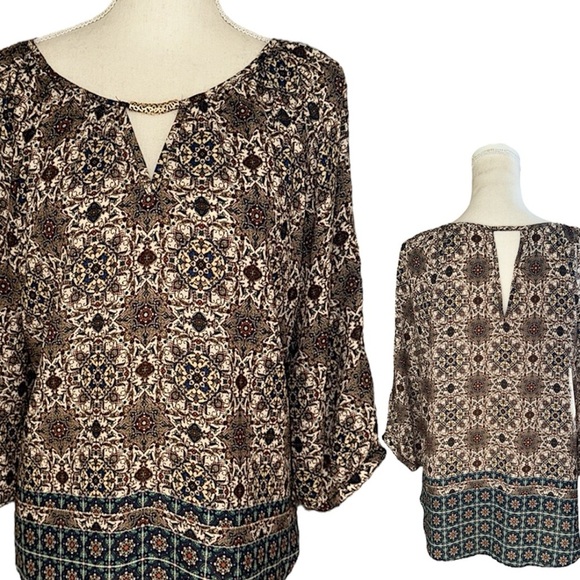 A. Byer Multi-hue Paisley Print Top Gold Keyhole Detail Open Sleeve Button Cuff - Picture 11 of 13